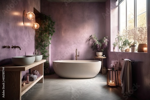 Walls made of plaster sculpted from concrete and lilac in a contemporary  opulent bathroom with a bathtub  a lamp  and decorations. background with copy space that is cozy. Spa hotel Generative AI