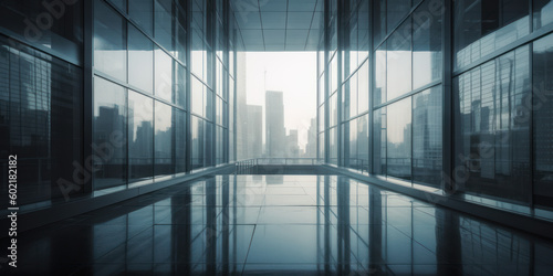 Glass mirrored corridor of a business center overlooking the city. AI generation 