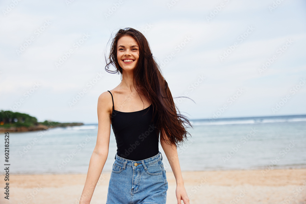 vacation woman sunset lifestyle travel smile beach young sea running summer vacation woman sunset lifestyle travel smile beach young sea running summer