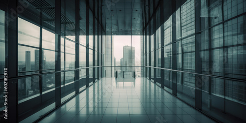 Glass empty corridor of a business center on a high floor overlooking the city. AI generation 