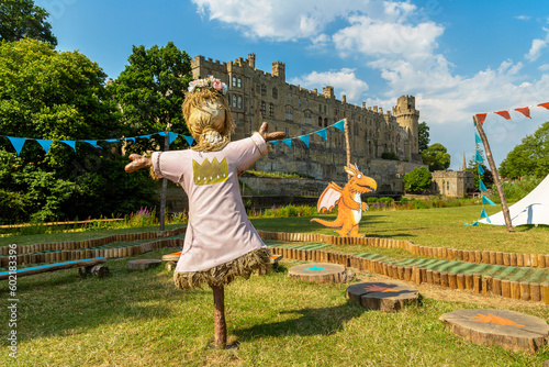 Scarecrow in Warwick Castle - is a medieval castle in a sunny summer day, UK