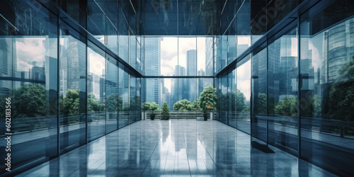 Glass corridor in the business center with access to a terrace with trees and city views. AI generation 