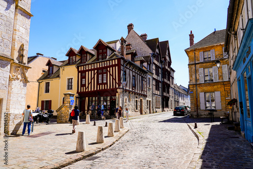 Half-timbered house in a cobbled street of the medieval town of Moret-sur-Loing in Seine et Marne  France