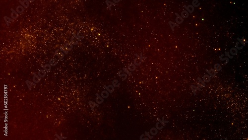 Golden red magic abstract glistering star particles lights wallpaper background. Horizontal luxury and glamor high detail 3D illustration backdrop. Glowing soft focus festive amber sparks overlay.