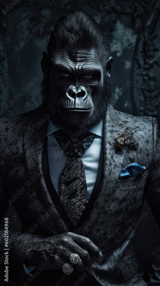 Gorilla dressed in an elegant and modern suit with a nice tie. Fashion portrait of an anthropomorphic animal, monkey, shooted in a charismatic human attitude - Generative AI Gorilla dressed in an elegant and modern suit with a nice tie. Fashion portrait of an anthropomorphic animal, monkey, shooted in a charismatic human attitude - Generative AI