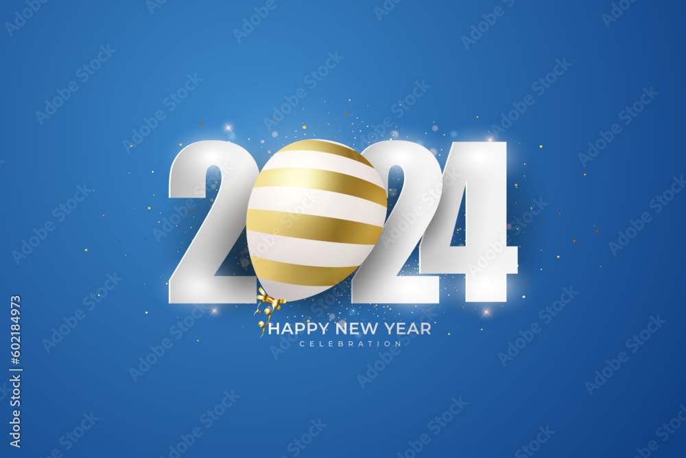 Happy New Year 2024. festive realistic decoration. Celebrate 2024 party on a blue background