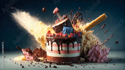 Cake party exploding, Generative AI