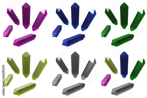 3d illustration of set colored crystals with transparent background, png format, no background.