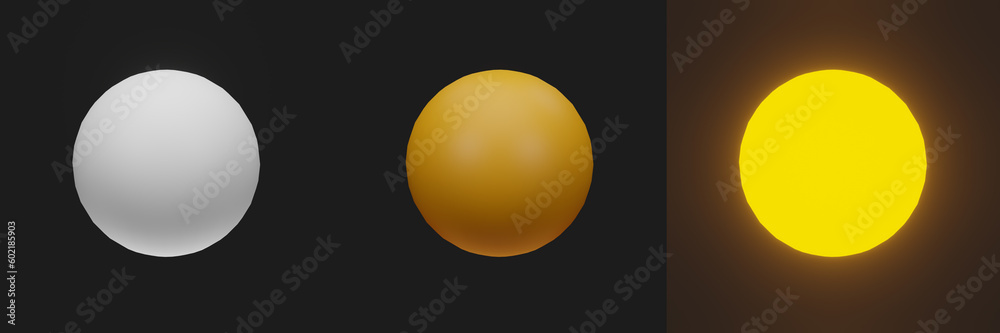 3d rendering of sphere in different version, plain color, orange color, glowing orange color