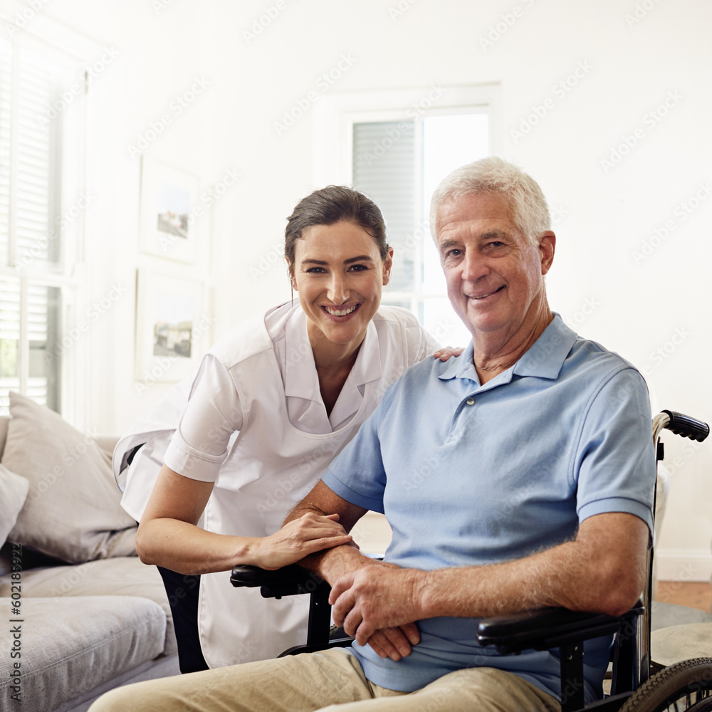 Portrait, caregiver and senior man in wheelchair for medical disability, wellness or support in nursing home. Happy nurse helping disabled patient, elderly and healthcare empathy for rehabilitation Portrait, caregiver and senior man in wheelchair for medical disability, wellness or support in nursing home. Happy nurse helping disabled patient, elderly and healthcare empathy for rehabilitation