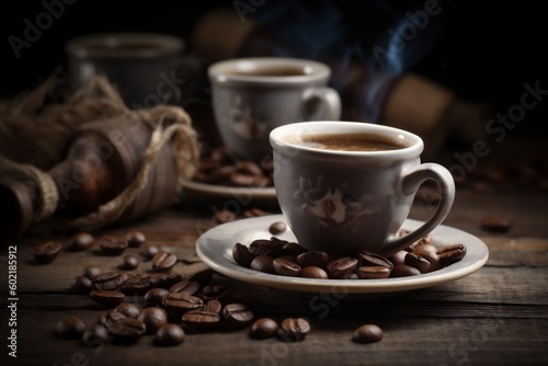 aroma cafe bean brown espresso drink breakfast mug morning cup. Generative AI.