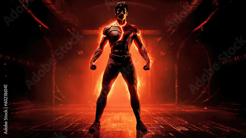 Photo realistic illustration of a superhero powering up for battle. Anatomy and lighting reference. Generative AI. photo