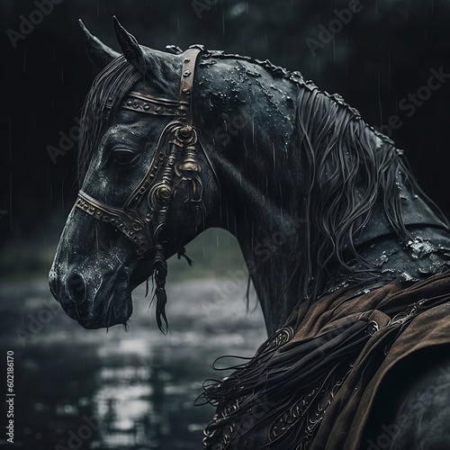 Vászonkép Head of a Black Stallion in the Rain Generative AI