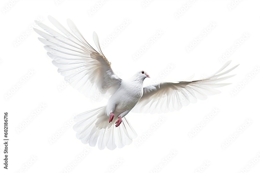 Obraz premium free flying white dove isolated on a white background. Generative AI technology.