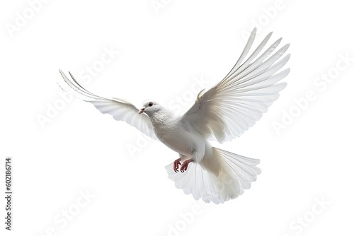 free flying white dove isolated on a white background. Generative AI technology. © Akmalism