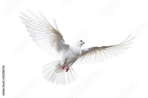 free flying white dove isolated on a white background. Generative AI technology.