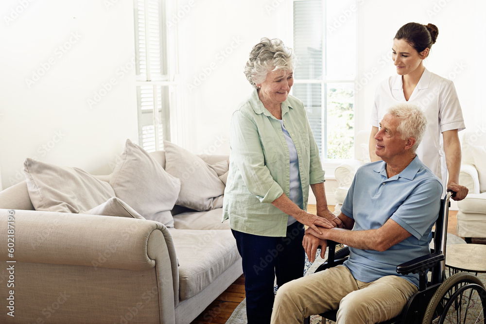 Volunteer, help and old couple with wheelchair, caregiver at nursing home for person with a disability and rehabilitation. Healthcare, clinic and senior patient with nurse together retirement service Volunteer, help and old couple with wheelchair, caregiver at nursing home for person with a disability and rehabilitation. Healthcare, clinic and senior patient with nurse together retirement service