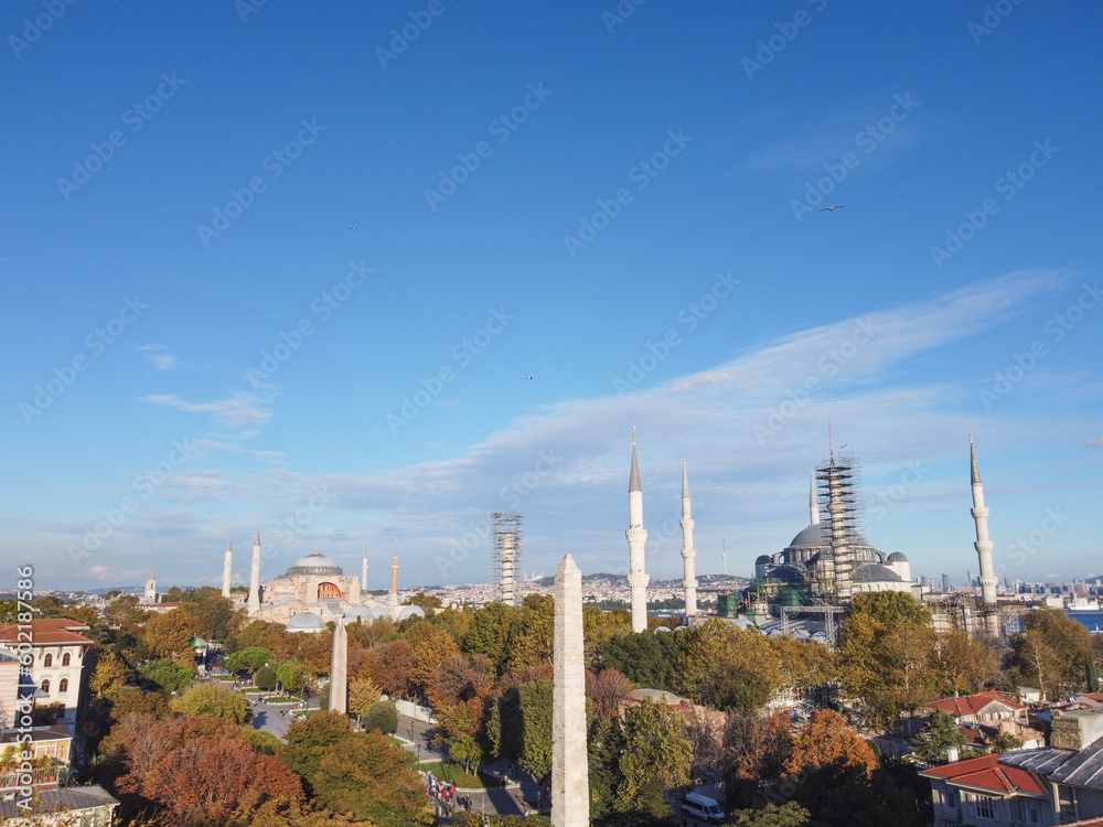 Touristic sightseeing ships in Golden Horn bay of Istanbul and mosque view city