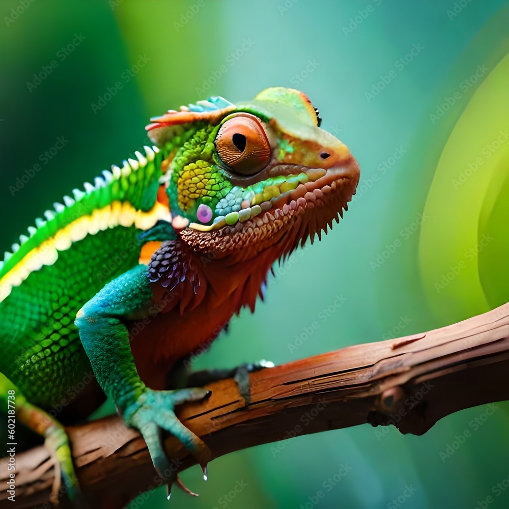 Closeup of Chameleon on a branch, Green Chameleon, AI Generative Closeup of Chameleon on a branch, Green Chameleon, AI Generative