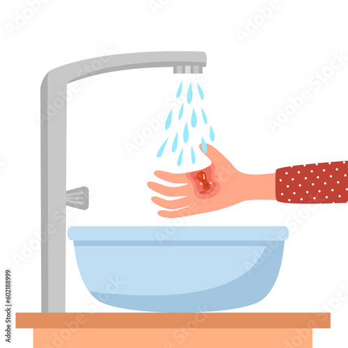 Female burned hand under cool running water in flat design on white background.