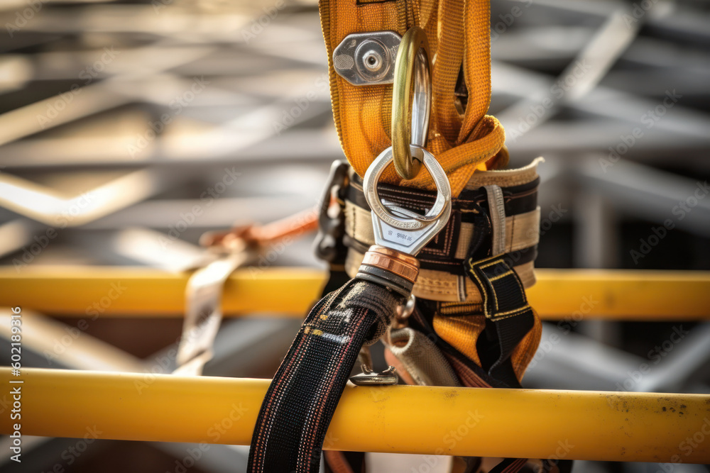 workers up high with safety harness, safety equipment and safety belts on scaffolding on city building on background workers up high with safety harness, safety equipment and safety belts on scaffolding on city building on background