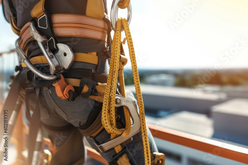 workers up high with safety harness, safety equipment and safety belts on scaffolding on city building on background © Hound