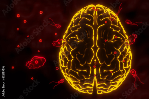Brain-eating amoeba infection, naegleriasis. Flagellate forms, 3D render.