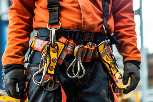 workers up high with safety harness, safety equipment and safety belts on scaffolding on city building on background