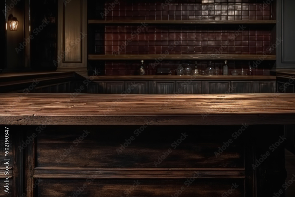 An empty wooden counter table top for product display in a pub or bar. Generative AI