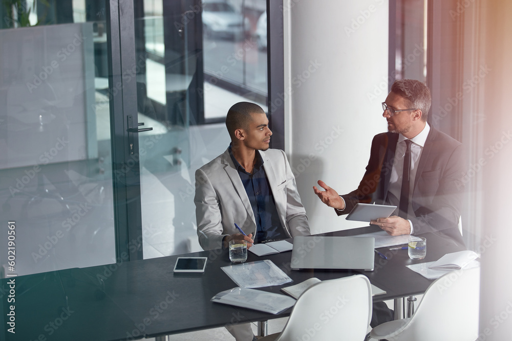 Advice, tablet and business man or boss in meeting, conference room and window reflection for financial planning. Professional people, accountant manager or advisor on digital tech talking of finance Advice, tablet and business man or boss in meeting, conference room and window reflection for financial planning. Professional people, accountant manager or advisor on digital tech talking of finance