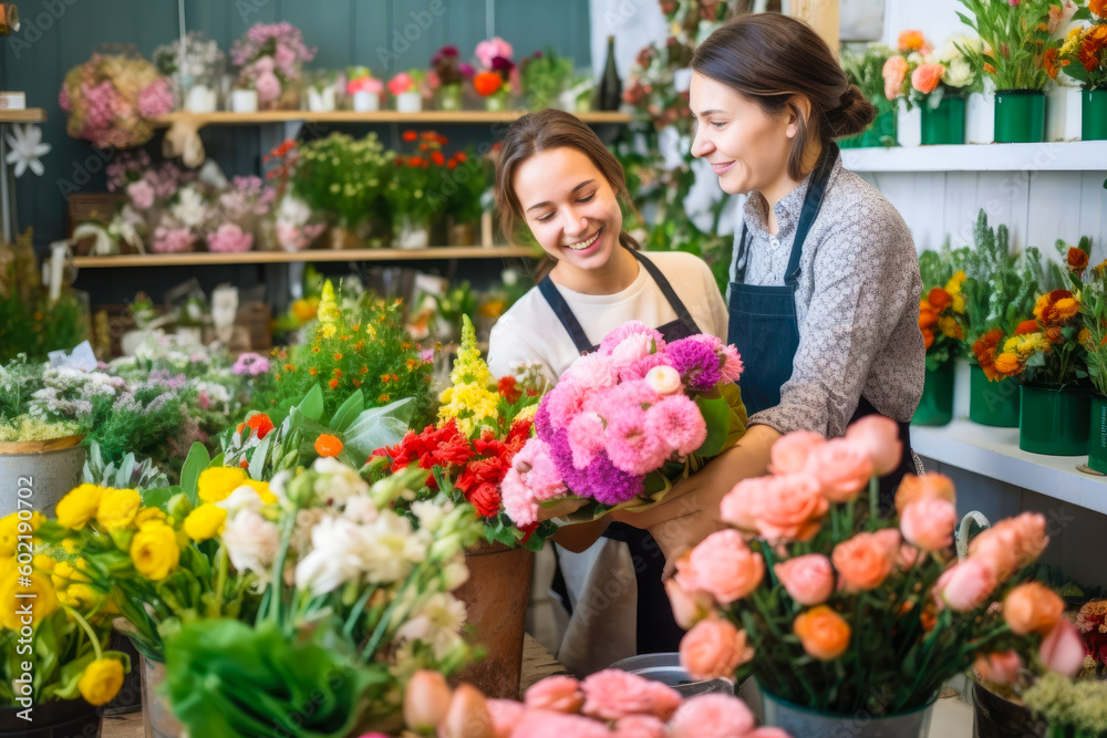 Happy florist selling flowers to a client. High quality generative AI