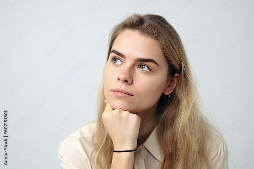 Young Woman Thinking Hard - Got New Idea, Copyspace With White Background. High quality generative ai Young Woman Thinking Hard - Got New Idea, Copyspace With White Background. High quality generative ai