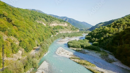 The Teberda River in the Caucasus Mountains. Along it is the Military-Sukhum road. Karachay-Cherkess Republic, Russia