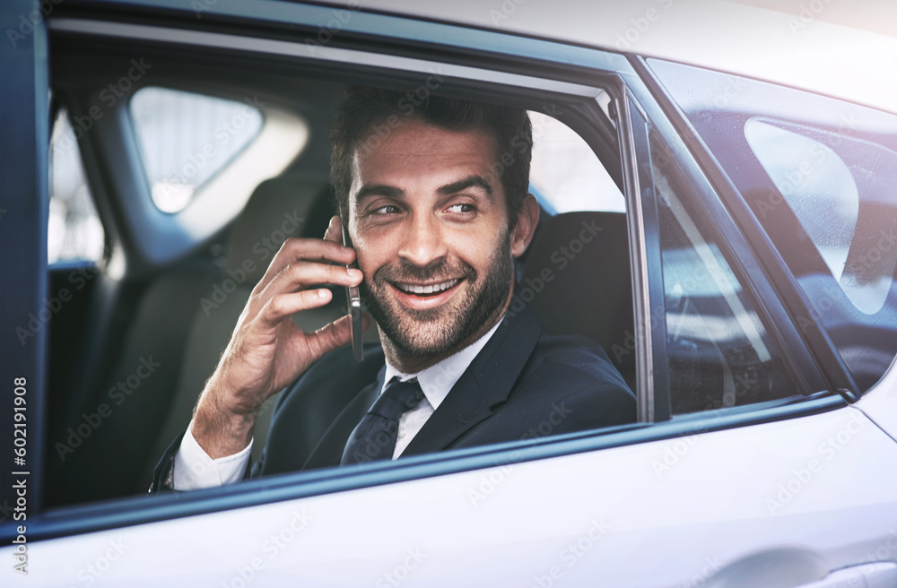 Phone call, travel and business man in car, thinking and speaking on journey. Cellphone, taxi and male professional calling, smile and communication, discussion or conversation in motor transport.