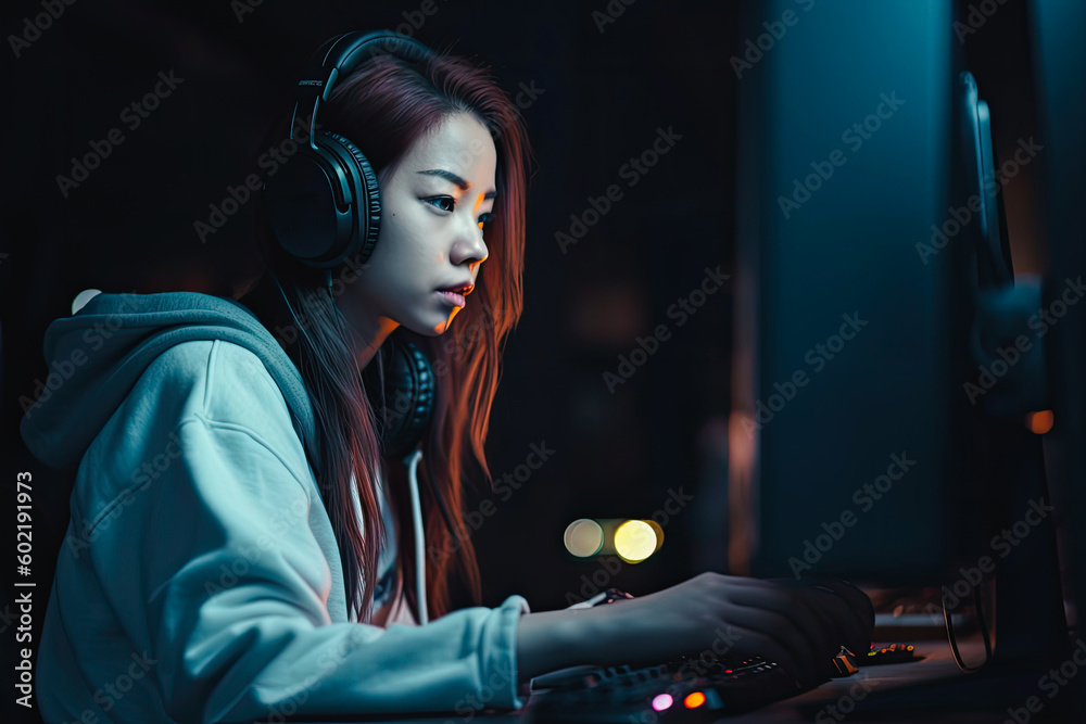 Esports and online gaming: Woman live streaming her video game session. High quality generative AI Esports and online gaming: Woman live streaming her video game session. High quality generative AI