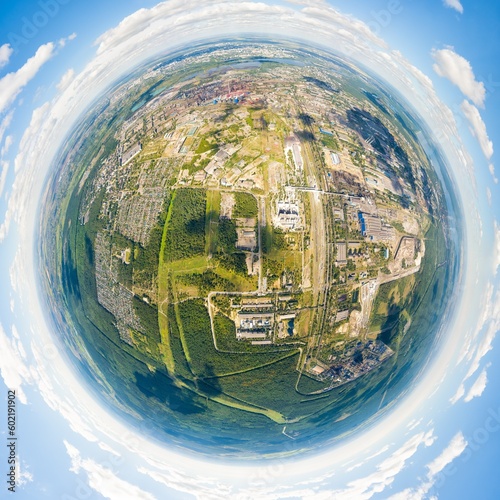 Lipetsk, Russia. Metallurgical plant. Industrial Zone. City view in summer. Sunny day. 360 degree aerial panoramic asteroid