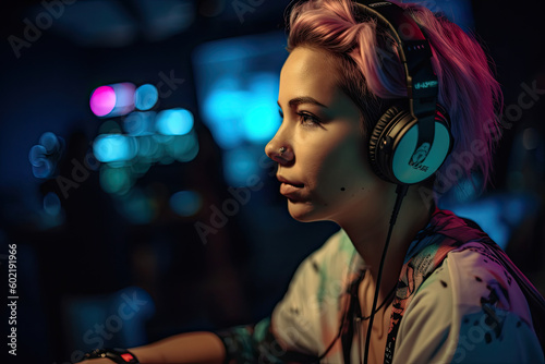 Esports and online gaming: Woman live streaming her video game session. High quality generative AI