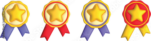 3D Badge medal with star and ribbon quality guarantee award icon, Best quality badge with star,  Vector realistic 3d graphic