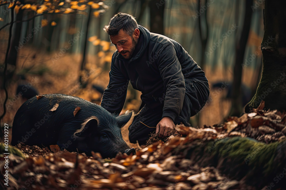 Fototapeta premium Man with a pig hunting for truffles in the forest, truffle hog. High quality generative AI