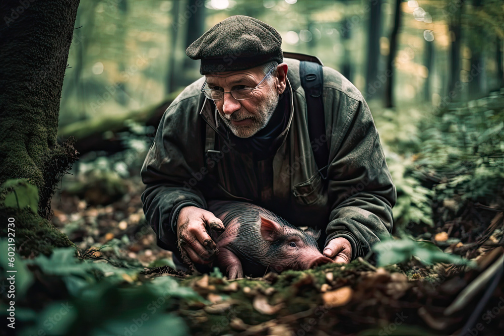 Man with a pig hunting for truffles in the forest, truffle hog. High quality generative AI