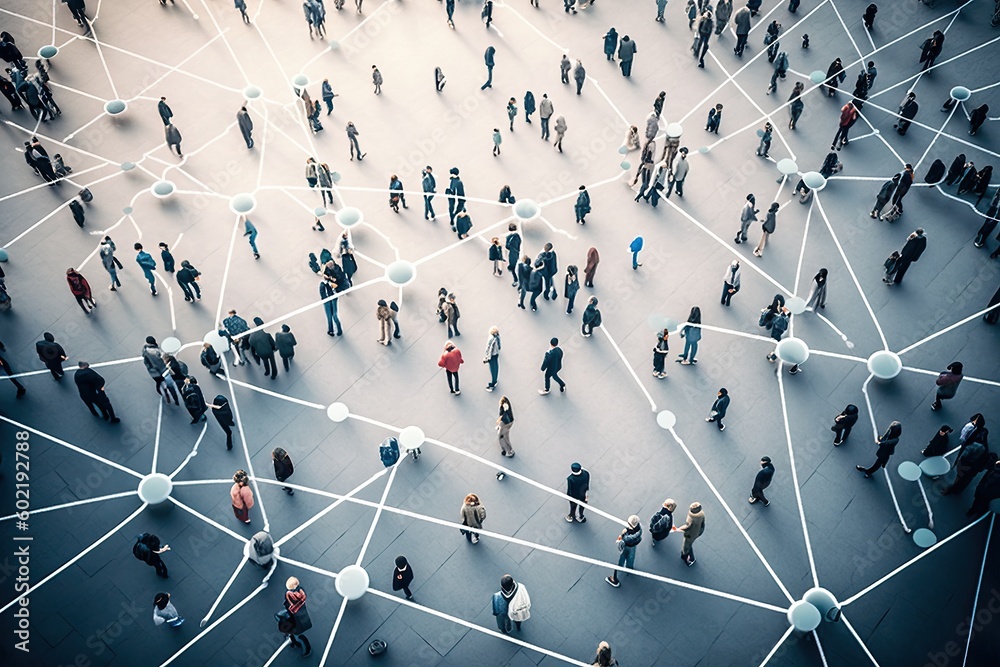 Aerial view of a crowd with a network of connections, generative ai - obrazy, fototapety, plakaty 
