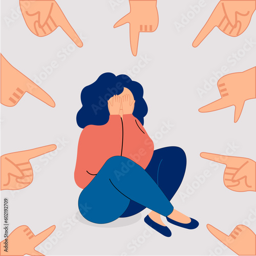 People point a finger at a frightened girl. A young girl covers her face in fear. 
The concept of condemnation, aggression, psychology. 
Vector illustration.