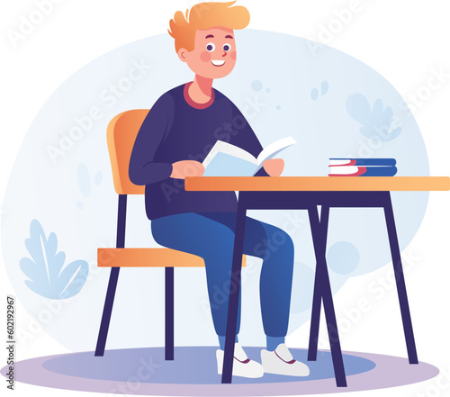Inspired Learning Embracing Education and Pursuit of Knowledge: Vector Art of a Young Boy Studying