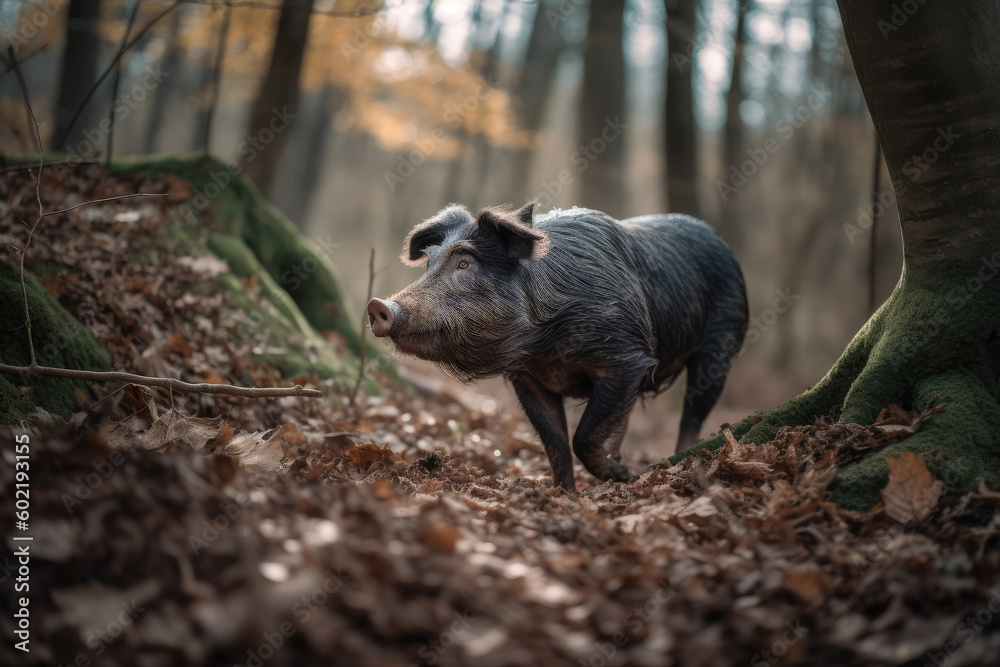 Pig hunting for truffles in the forest, truffle hog. High quality generative AI Pig hunting for truffles in the forest, truffle hog. High quality generative AI