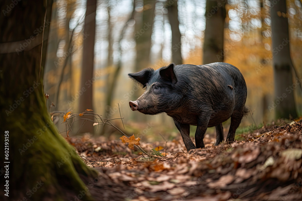 Pig hunting for truffles in the forest, truffle hog. High quality generative AI Pig hunting for truffles in the forest, truffle hog. High quality generative AI