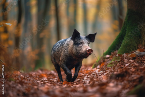 Pig hunting for truffles in the forest, truffle hog. High quality generative AI