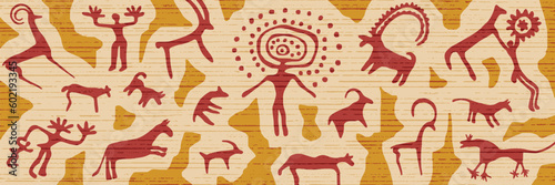 Panel on the ethnic theme. A series of petroglyphs, rock paintings, vector design. photo