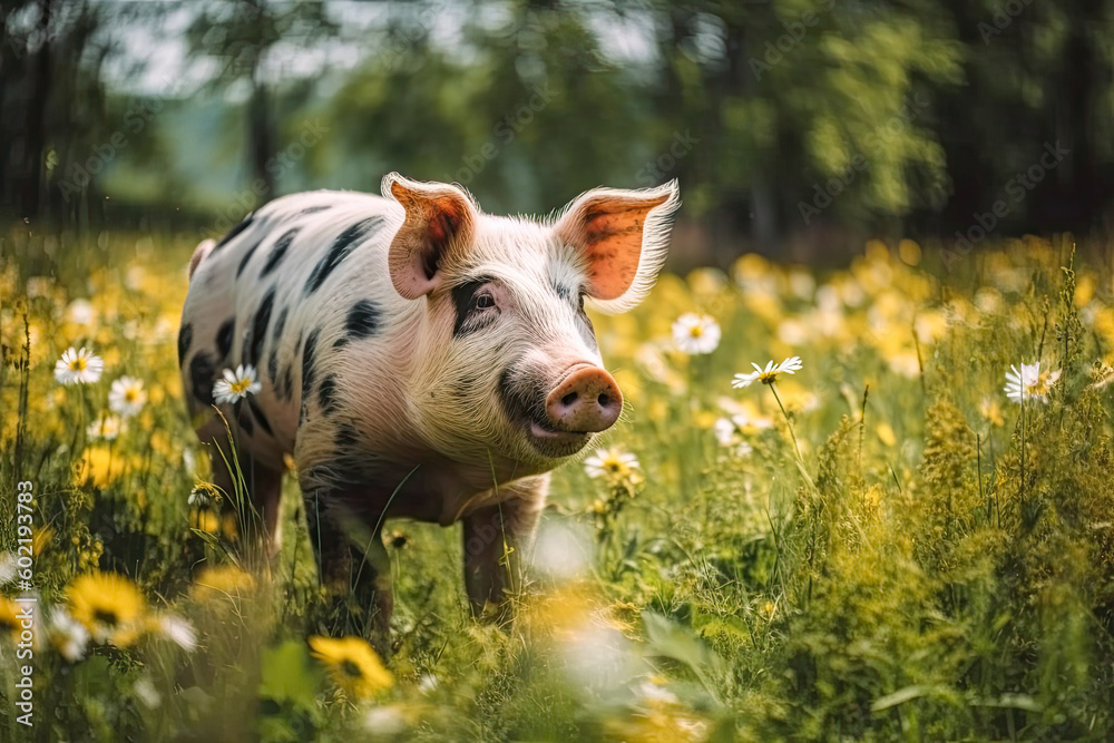 Fototapeta premium Funny pet pig on a meadow on a sunny day. High quality generative AI