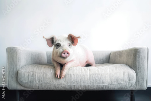 Pet pig sitting on a couch, white background with copyspace. High quality generative AI