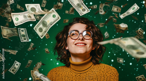 Happy young woman with dollars bills around her. Image Generative AI.